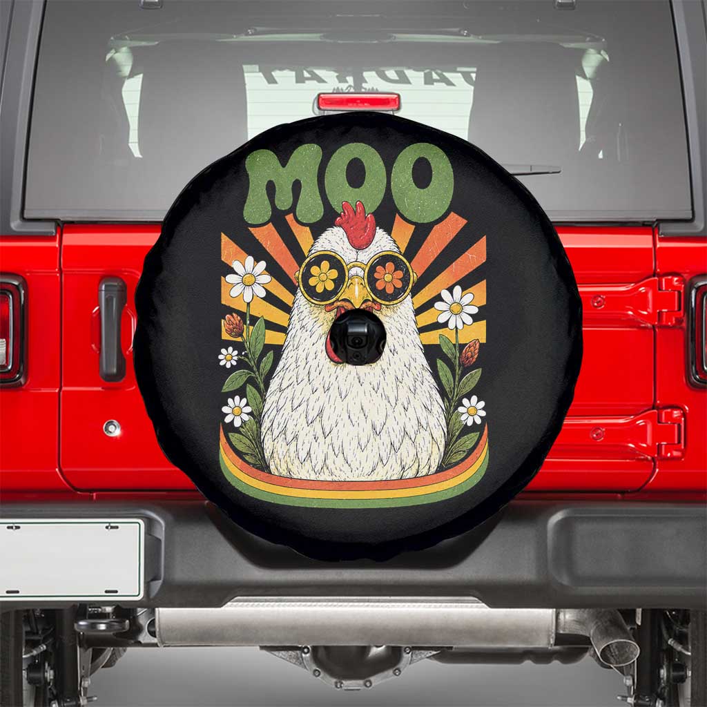Retro Moo Chicken Wearing Sunglasses Graphic Spare Tire Cover Funny Groovy Farm Animal Pun Vintage Sunburst