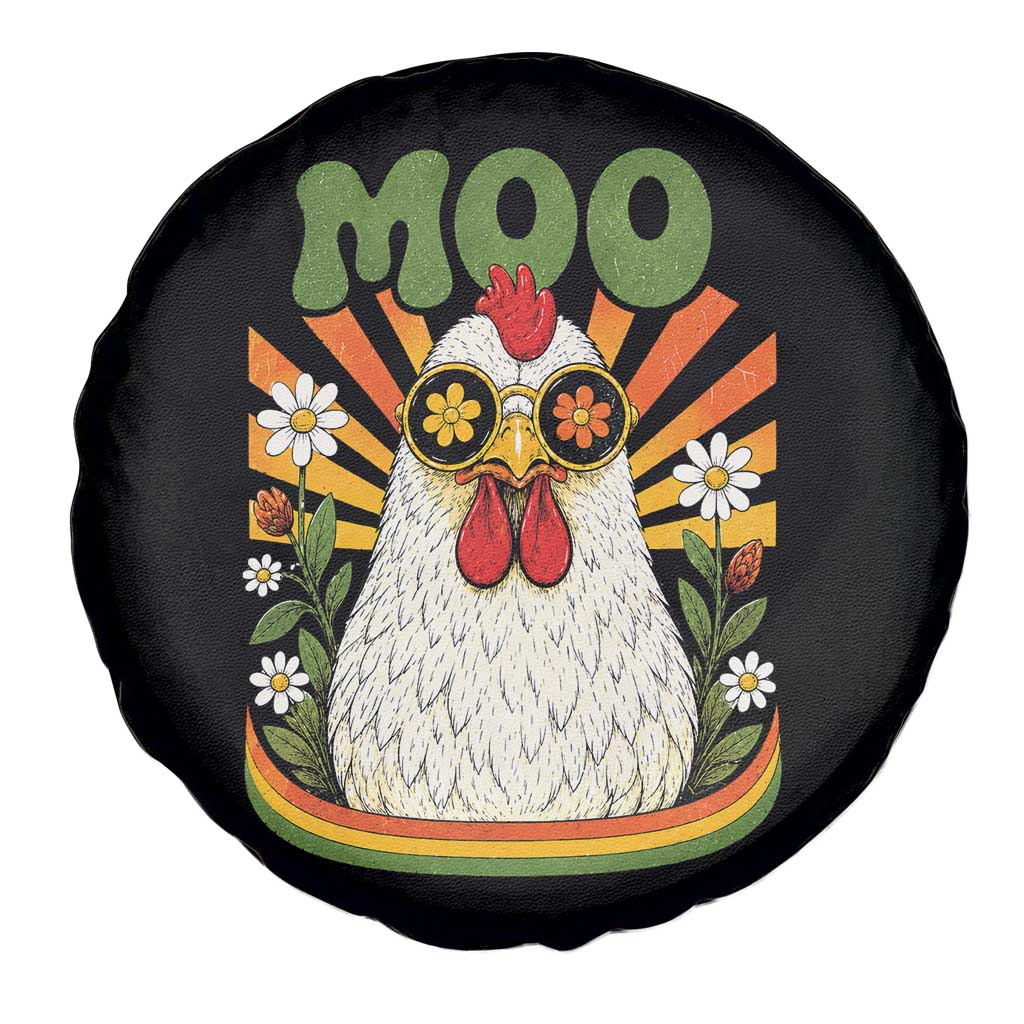 Retro Moo Chicken Wearing Sunglasses Graphic Spare Tire Cover Funny Groovy Farm Animal Pun Vintage Sunburst