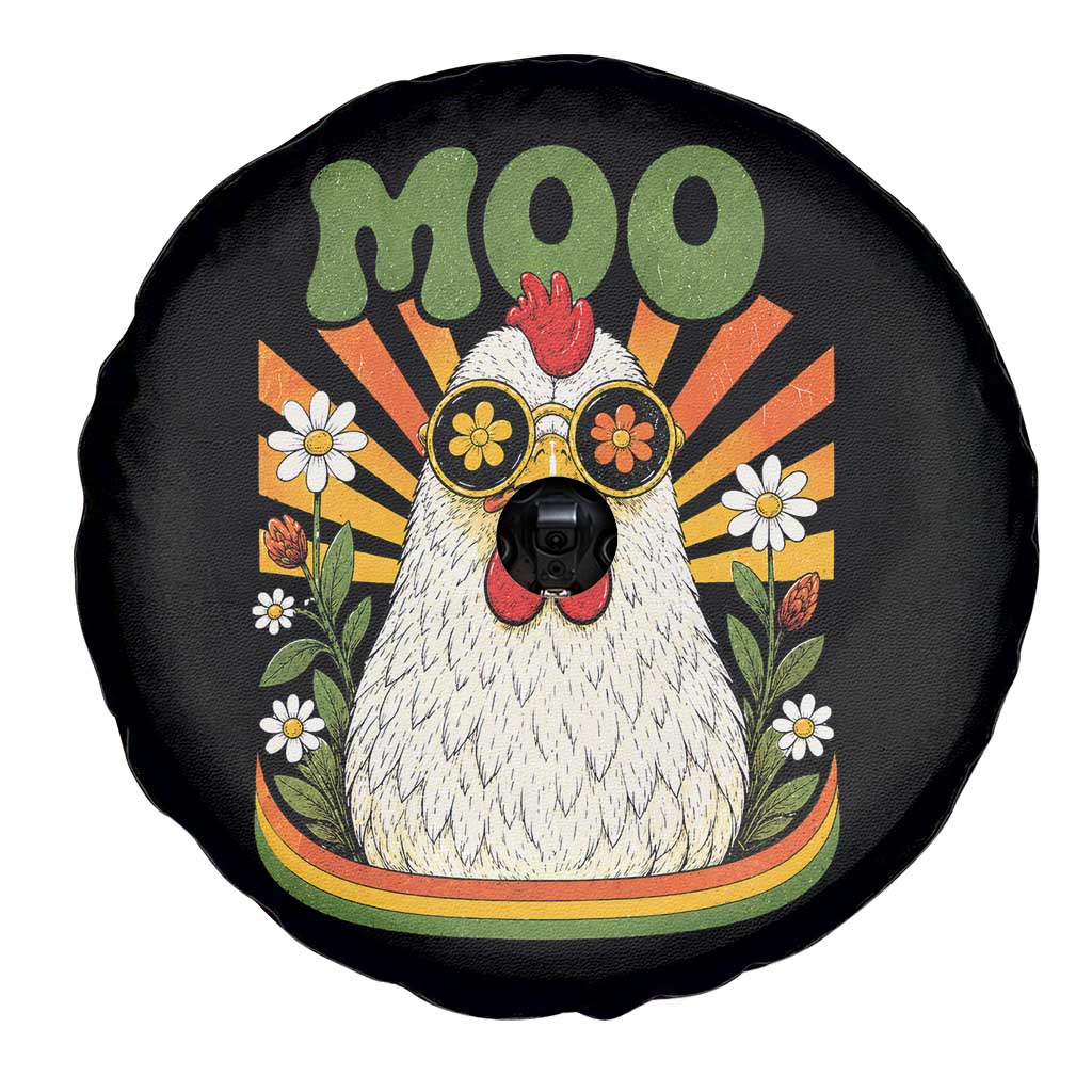 Retro Moo Chicken Wearing Sunglasses Graphic Spare Tire Cover Funny Groovy Farm Animal Pun Vintage Sunburst