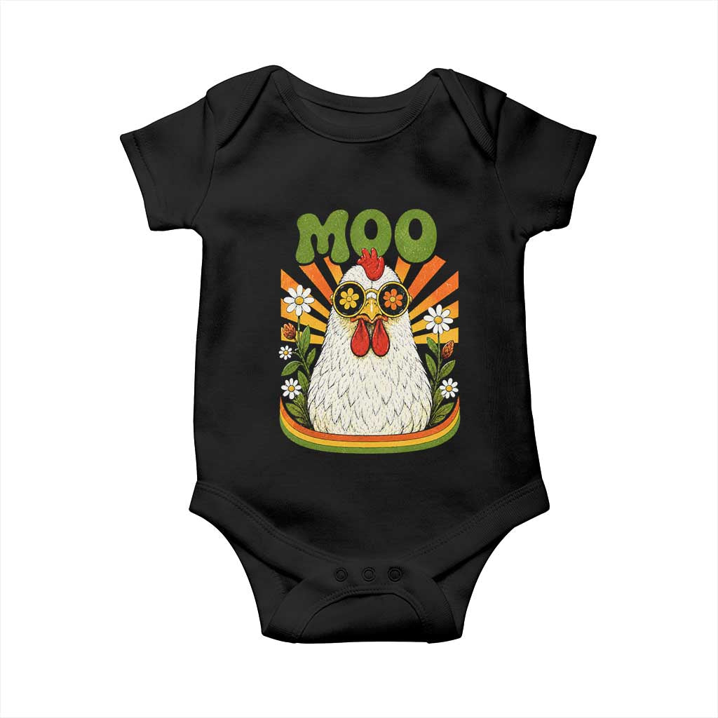 Retro Moo Chicken Wearing Sunglasses Graphic Baby Onesie Funny Groovy Farm Animal Pun Vintage Sunburst