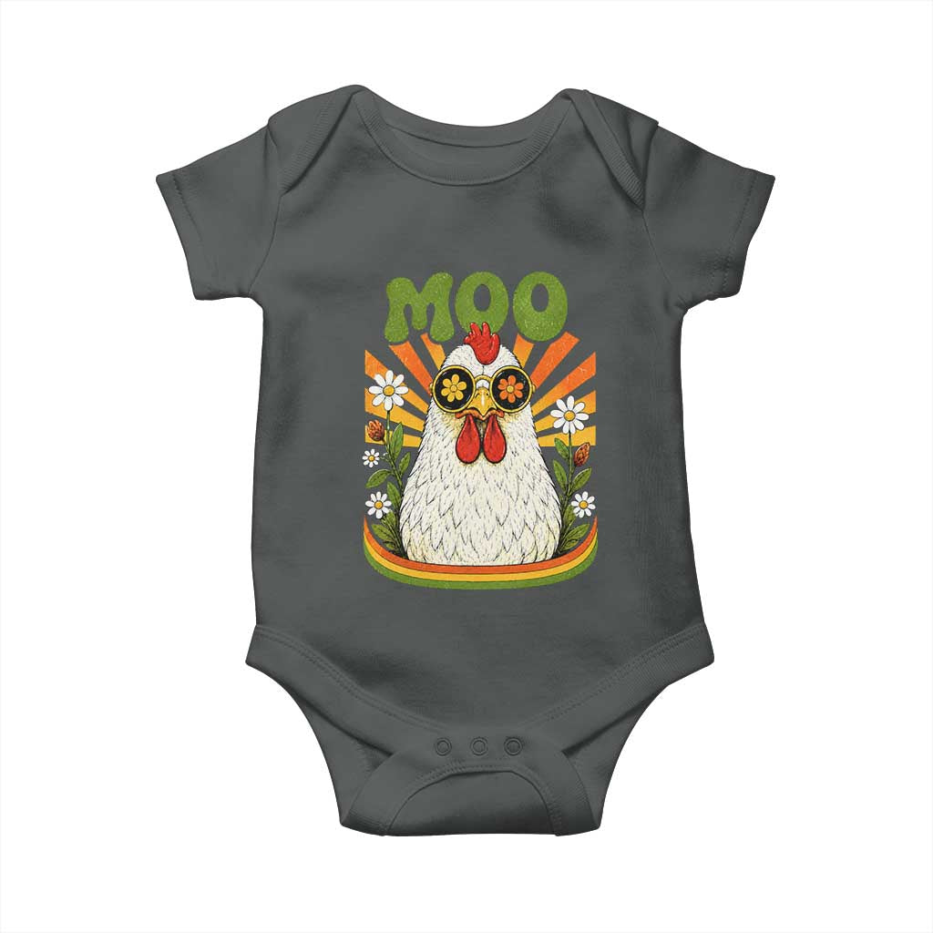 Retro Moo Chicken Wearing Sunglasses Graphic Baby Onesie Funny Groovy Farm Animal Pun Vintage Sunburst