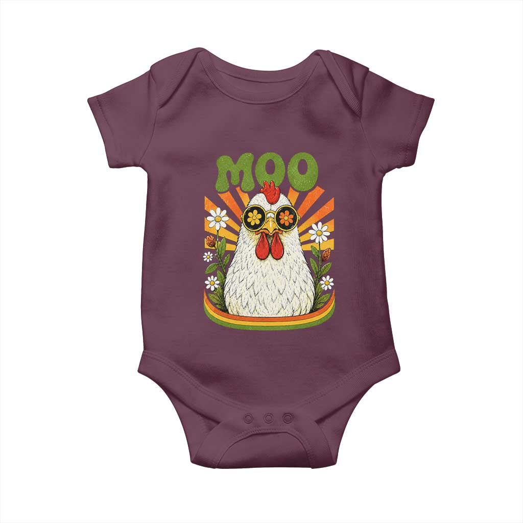 Retro Moo Chicken Wearing Sunglasses Graphic Baby Onesie Funny Groovy Farm Animal Pun Vintage Sunburst