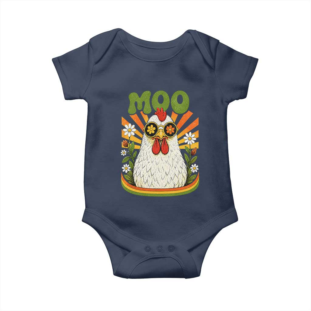 Retro Moo Chicken Wearing Sunglasses Graphic Baby Onesie Funny Groovy Farm Animal Pun Vintage Sunburst