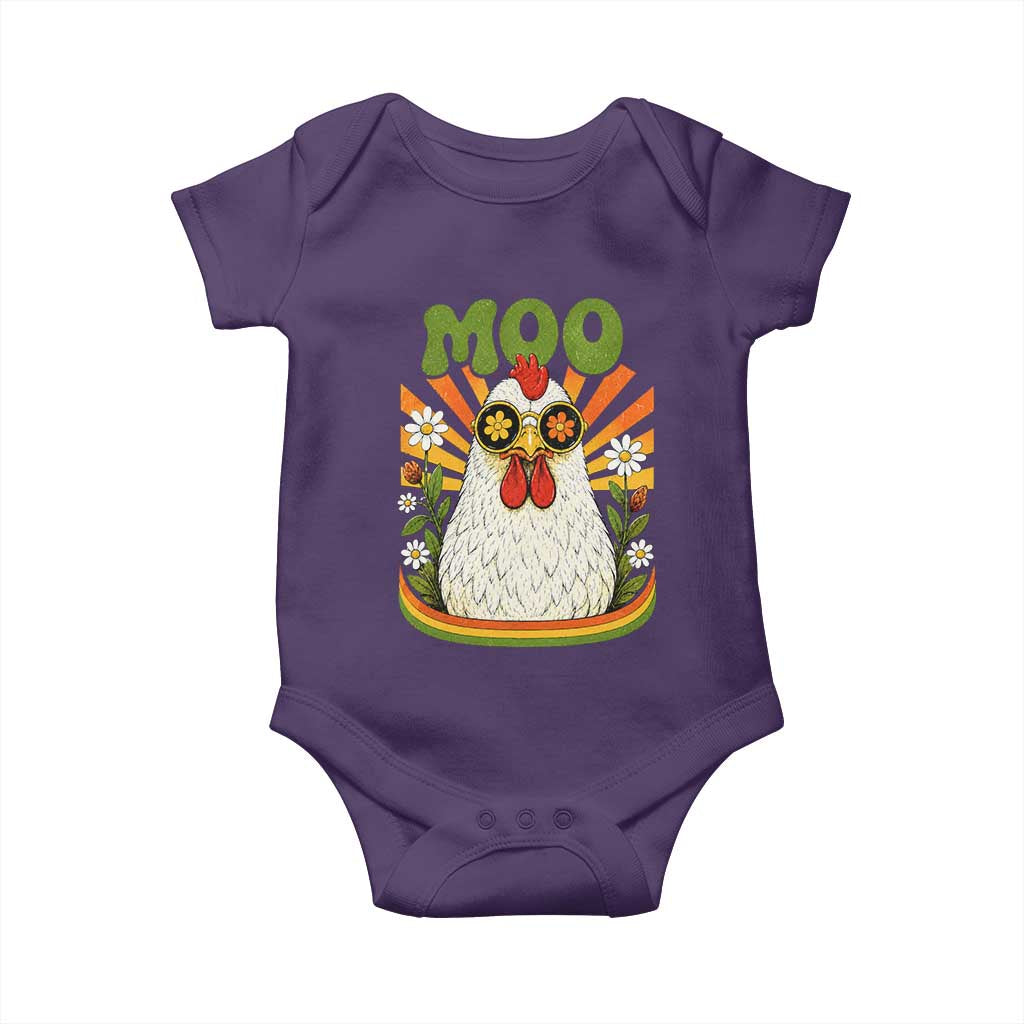 Retro Moo Chicken Wearing Sunglasses Graphic Baby Onesie Funny Groovy Farm Animal Pun Vintage Sunburst