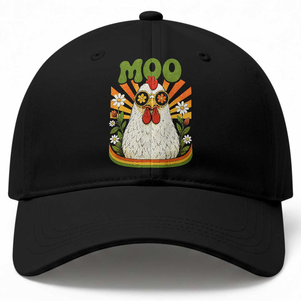Retro Moo Chicken Wearing Sunglasses Graphic Baseball Cap Funny Groovy Farm Animal Pun Vintage Sunburst