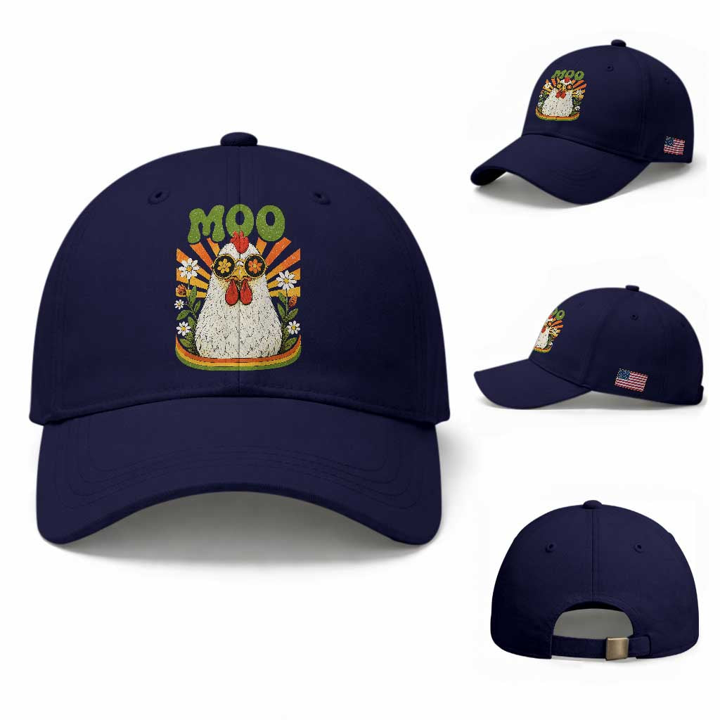 Retro Moo Chicken Wearing Sunglasses Graphic Baseball Cap Funny Groovy Farm Animal Pun Vintage Sunburst