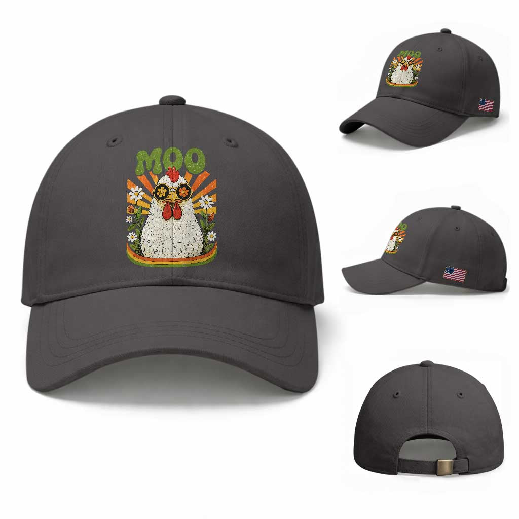 Retro Moo Chicken Wearing Sunglasses Graphic Baseball Cap Funny Groovy Farm Animal Pun Vintage Sunburst