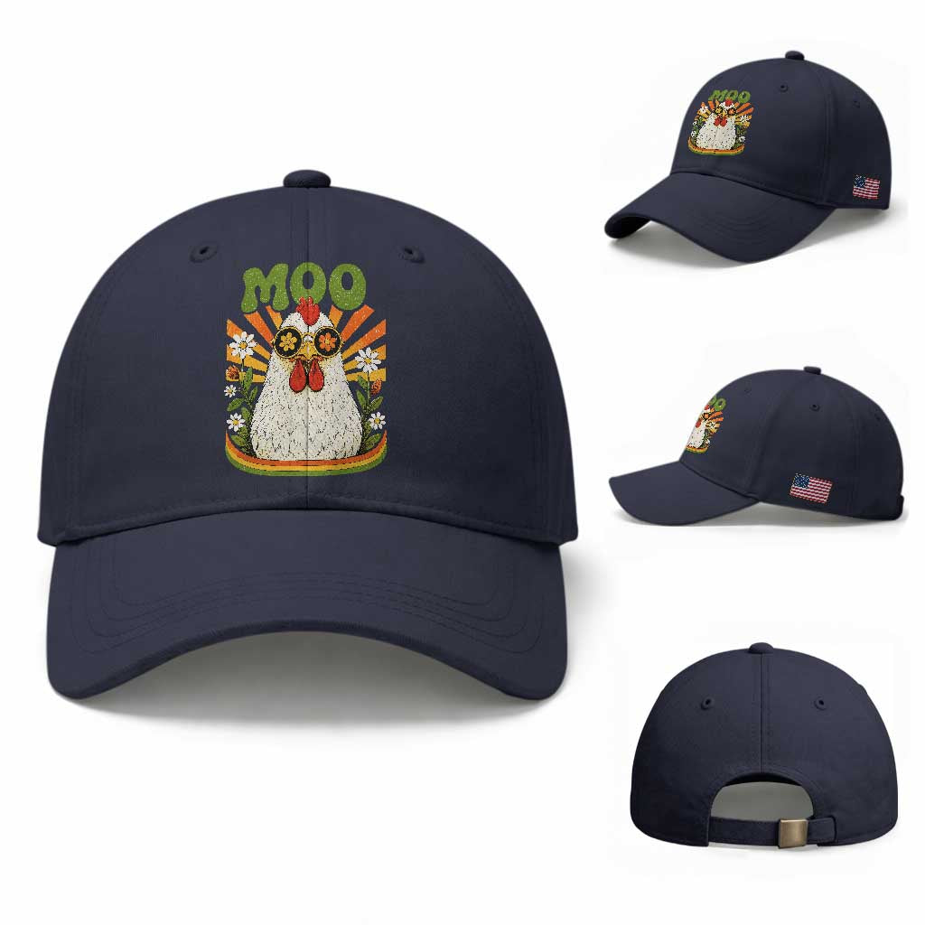 Retro Moo Chicken Wearing Sunglasses Graphic Baseball Cap Funny Groovy Farm Animal Pun Vintage Sunburst