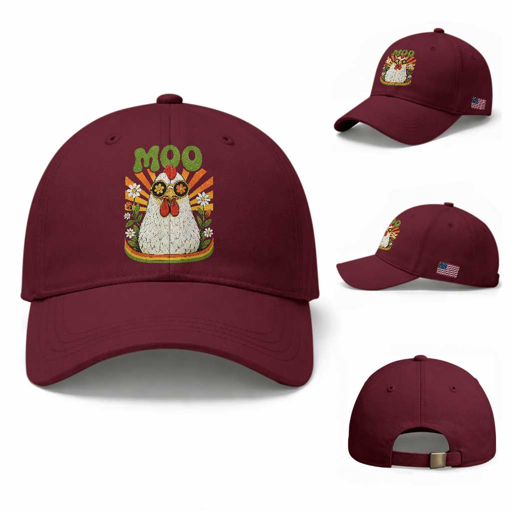 Retro Moo Chicken Wearing Sunglasses Graphic Baseball Cap Funny Groovy Farm Animal Pun Vintage Sunburst