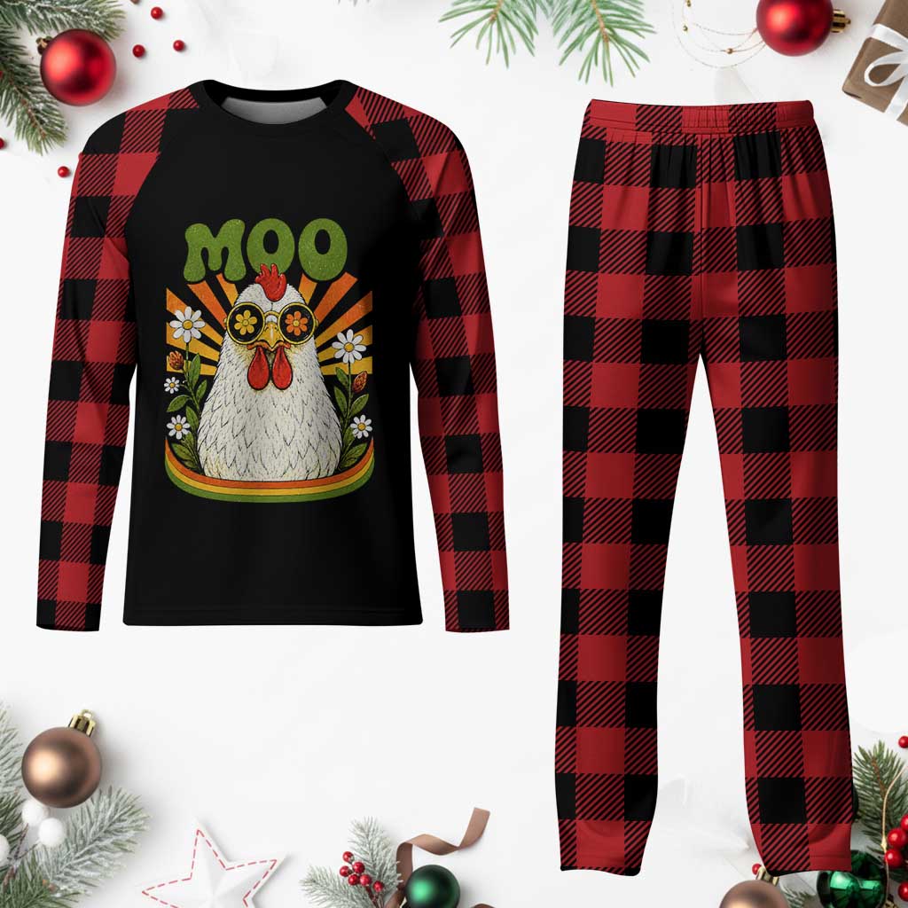 Retro Moo Chicken Wearing Sunglasses Graphic Plaid Pajama Set Funny Groovy Farm Animal Pun Vintage Sunburst