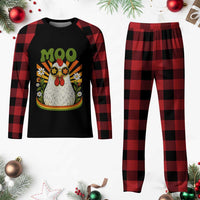 Retro Moo Chicken Wearing Sunglasses Graphic Plaid Pajama Set Funny Groovy Farm Animal Pun Vintage Sunburst