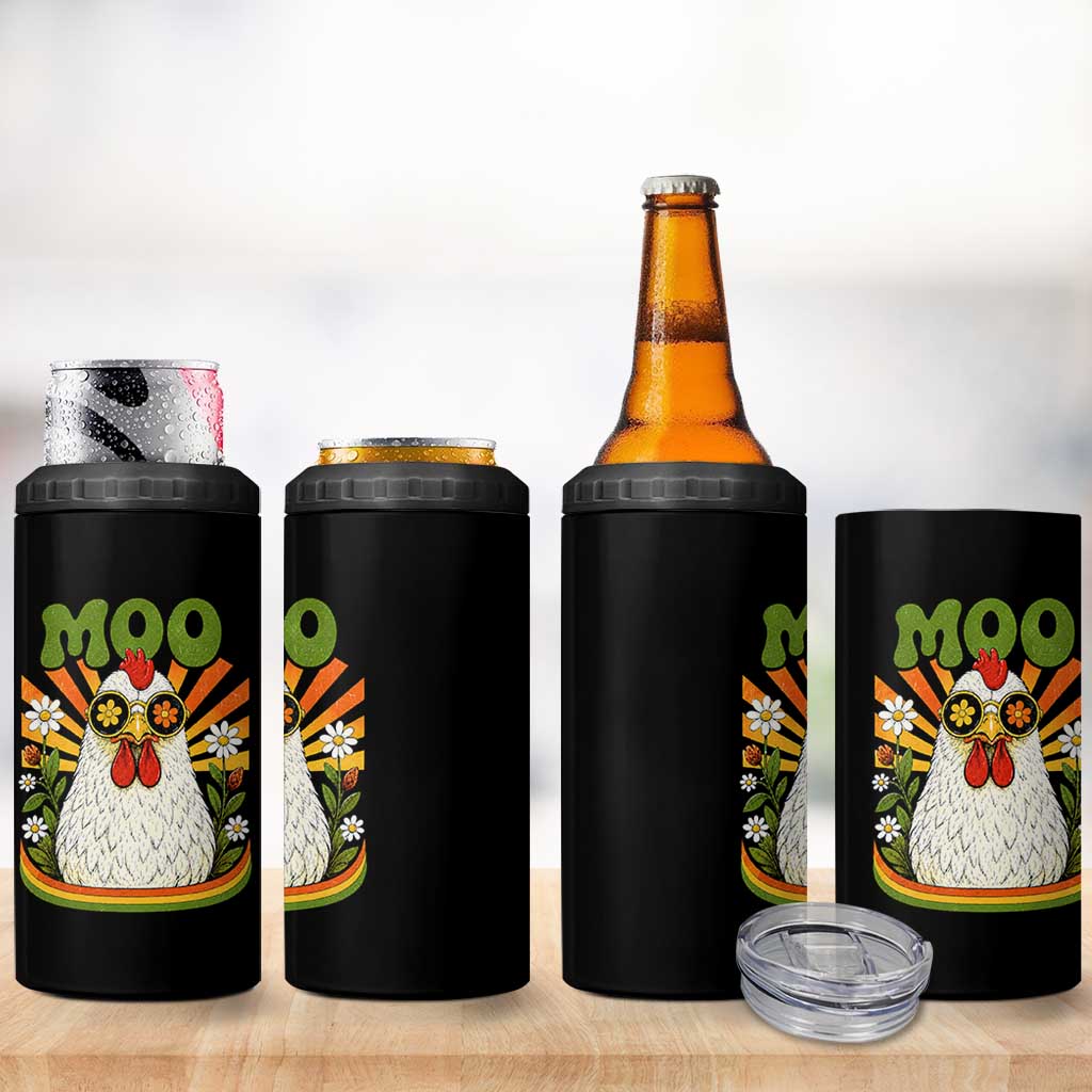 Retro Moo Chicken Wearing Sunglasses Graphic 4 in 1 Can Cooler Tumbler Funny Groovy Farm Animal Pun Vintage Sunburst