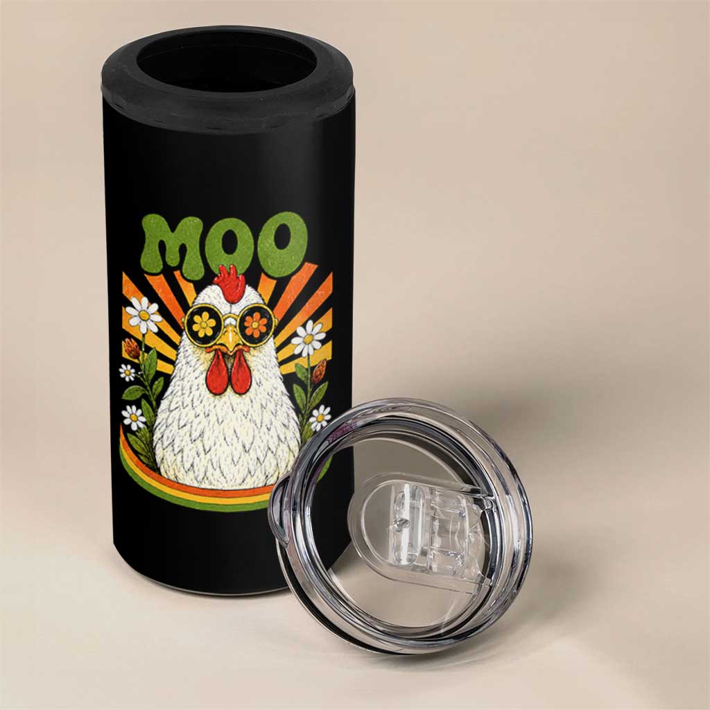 Retro Moo Chicken Wearing Sunglasses Graphic 4 in 1 Can Cooler Tumbler Funny Groovy Farm Animal Pun Vintage Sunburst