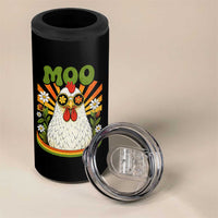 Retro Moo Chicken Wearing Sunglasses Graphic 4 in 1 Can Cooler Tumbler Funny Groovy Farm Animal Pun Vintage Sunburst