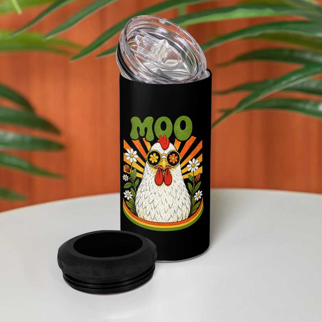 Retro Moo Chicken Wearing Sunglasses Graphic 4 in 1 Can Cooler Tumbler Funny Groovy Farm Animal Pun Vintage Sunburst