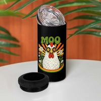 Retro Moo Chicken Wearing Sunglasses Graphic 4 in 1 Can Cooler Tumbler Funny Groovy Farm Animal Pun Vintage Sunburst