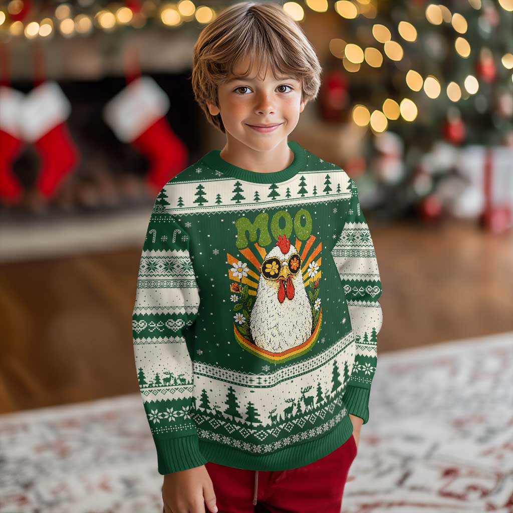 Retro Moo Chicken Wearing Sunglasses Graphic Ugly Christmas Sweater Funny Groovy Farm Animal Pun Vintage Sunburst