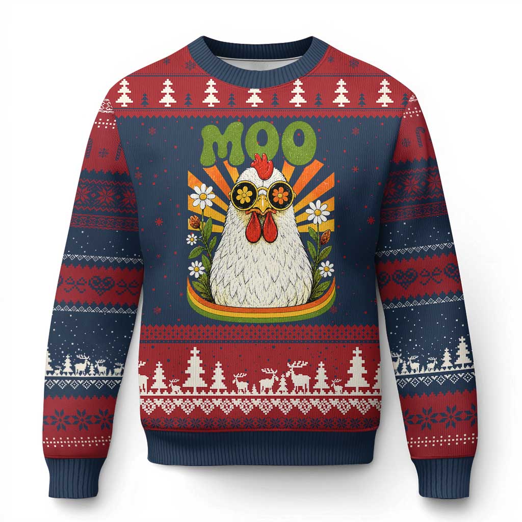 Retro Moo Chicken Wearing Sunglasses Graphic Ugly Christmas Sweater Funny Groovy Farm Animal Pun Vintage Sunburst