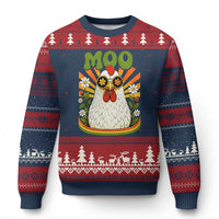 Retro Moo Chicken Wearing Sunglasses Graphic Ugly Christmas Sweater Funny Groovy Farm Animal Pun Vintage Sunburst