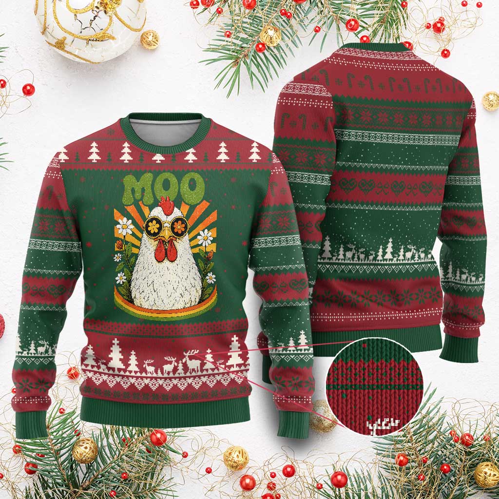 Retro Moo Chicken Wearing Sunglasses Graphic Ugly Christmas Sweater Funny Groovy Farm Animal Pun Vintage Sunburst