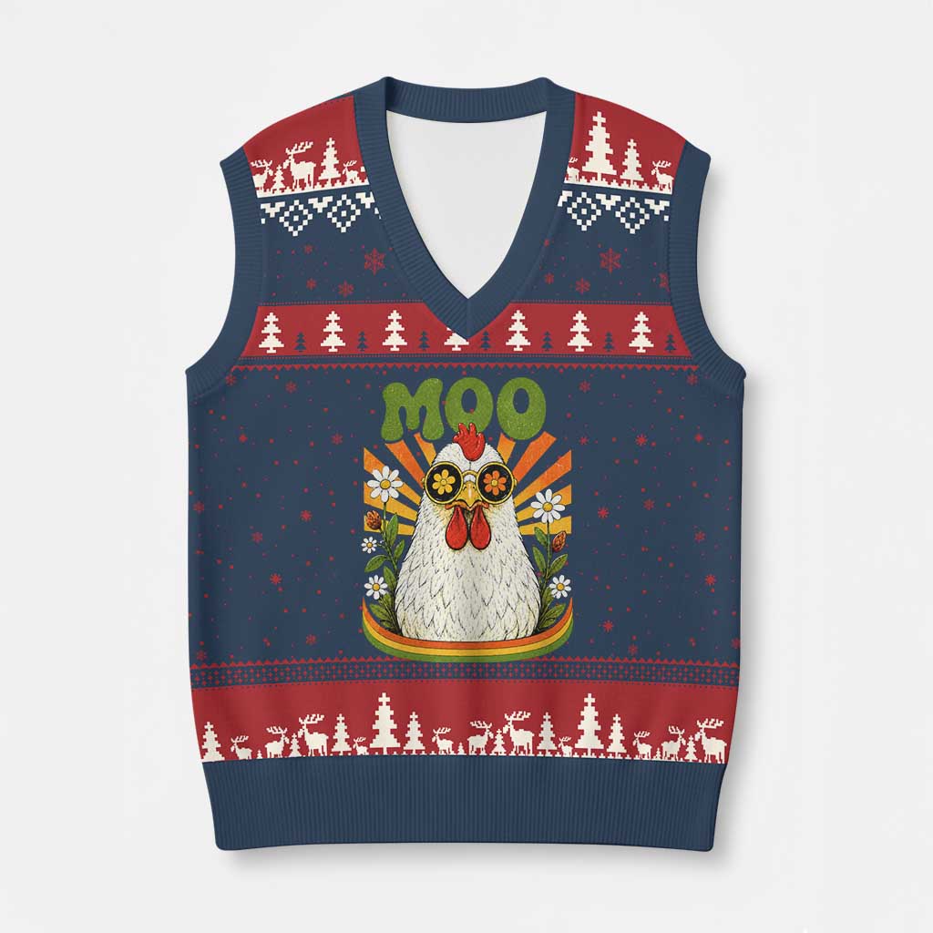 Retro Moo Chicken Wearing Sunglasses Graphic V-Neck Knit Sweater Vest Funny Groovy Farm Animal Pun Vintage Sunburst
