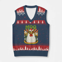 Retro Moo Chicken Wearing Sunglasses Graphic V-Neck Knit Sweater Vest Funny Groovy Farm Animal Pun Vintage Sunburst