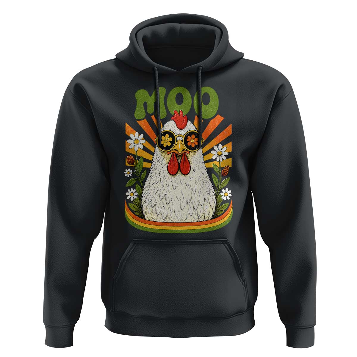 Retro Moo Chicken Wearing Sunglasses Graphic Hoodie Funny Groovy Farm Animal Pun Vintage Sunburst