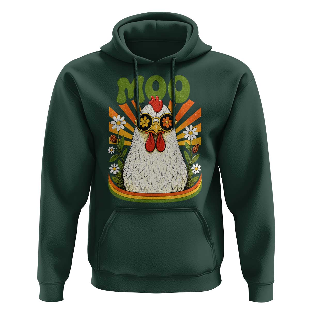 Retro Moo Chicken Wearing Sunglasses Graphic Hoodie Funny Groovy Farm Animal Pun Vintage Sunburst