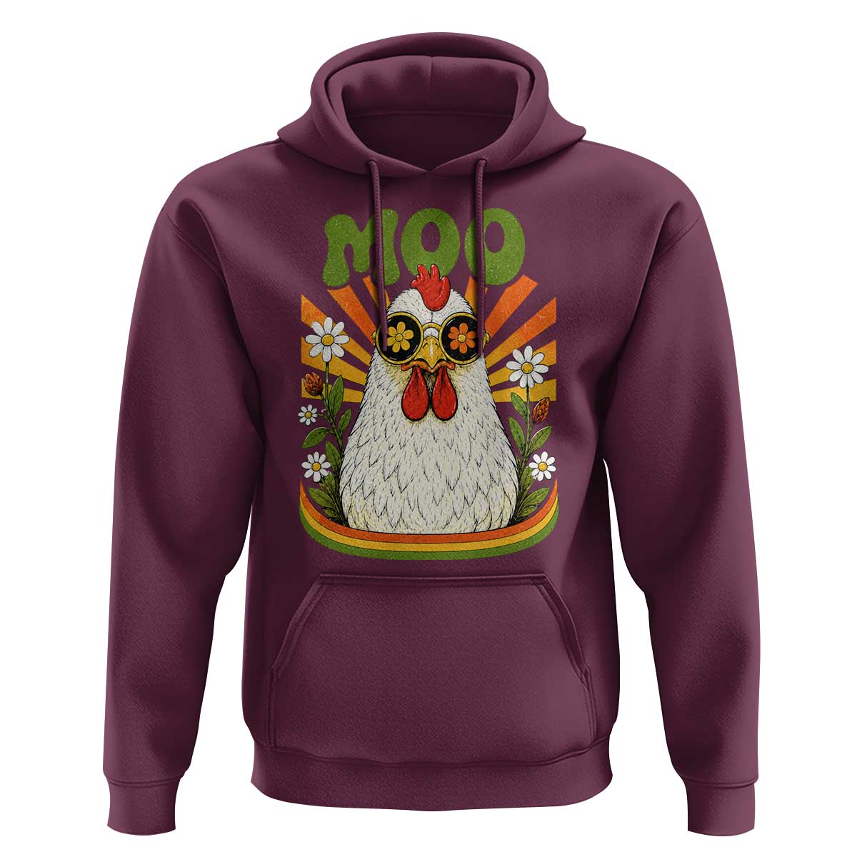 Retro Moo Chicken Wearing Sunglasses Graphic Hoodie Funny Groovy Farm Animal Pun Vintage Sunburst