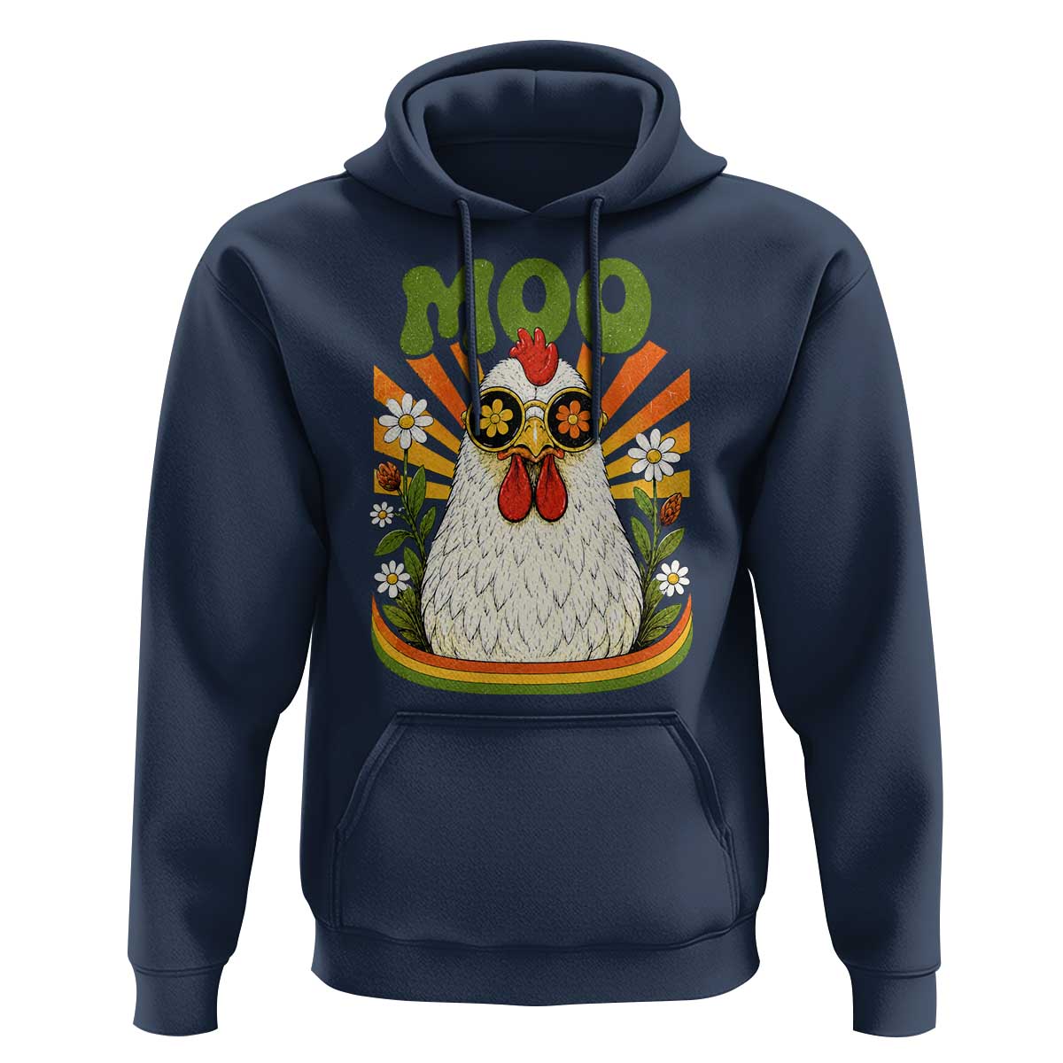 Retro Moo Chicken Wearing Sunglasses Graphic Hoodie Funny Groovy Farm Animal Pun Vintage Sunburst