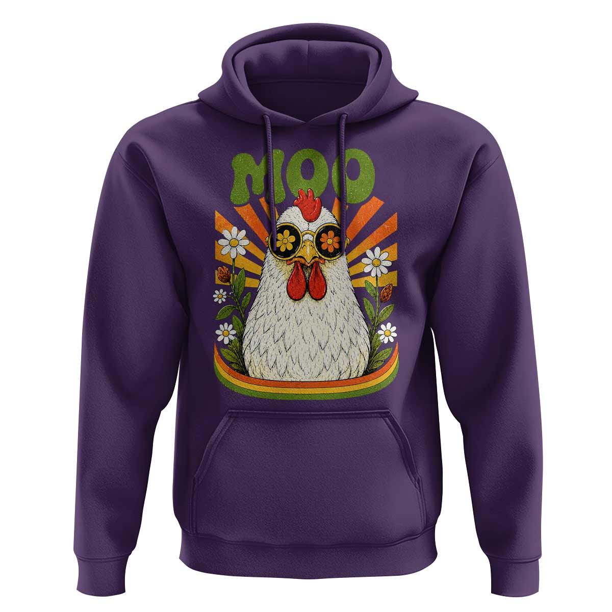 Retro Moo Chicken Wearing Sunglasses Graphic Hoodie Funny Groovy Farm Animal Pun Vintage Sunburst