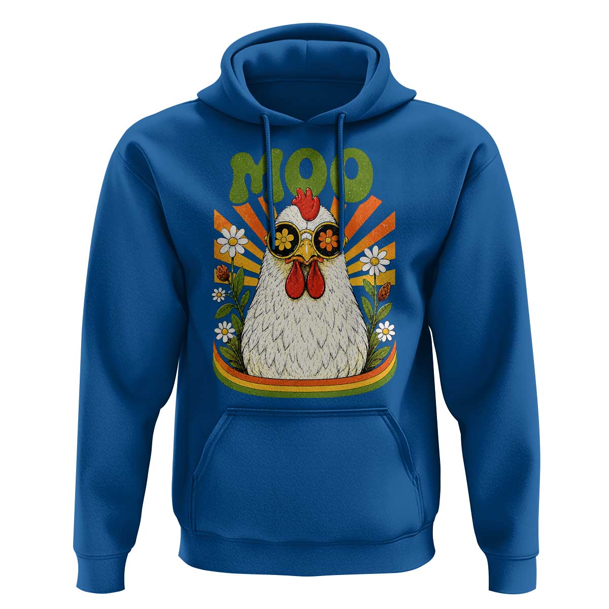 Retro Moo Chicken Wearing Sunglasses Graphic Hoodie Funny Groovy Farm Animal Pun Vintage Sunburst