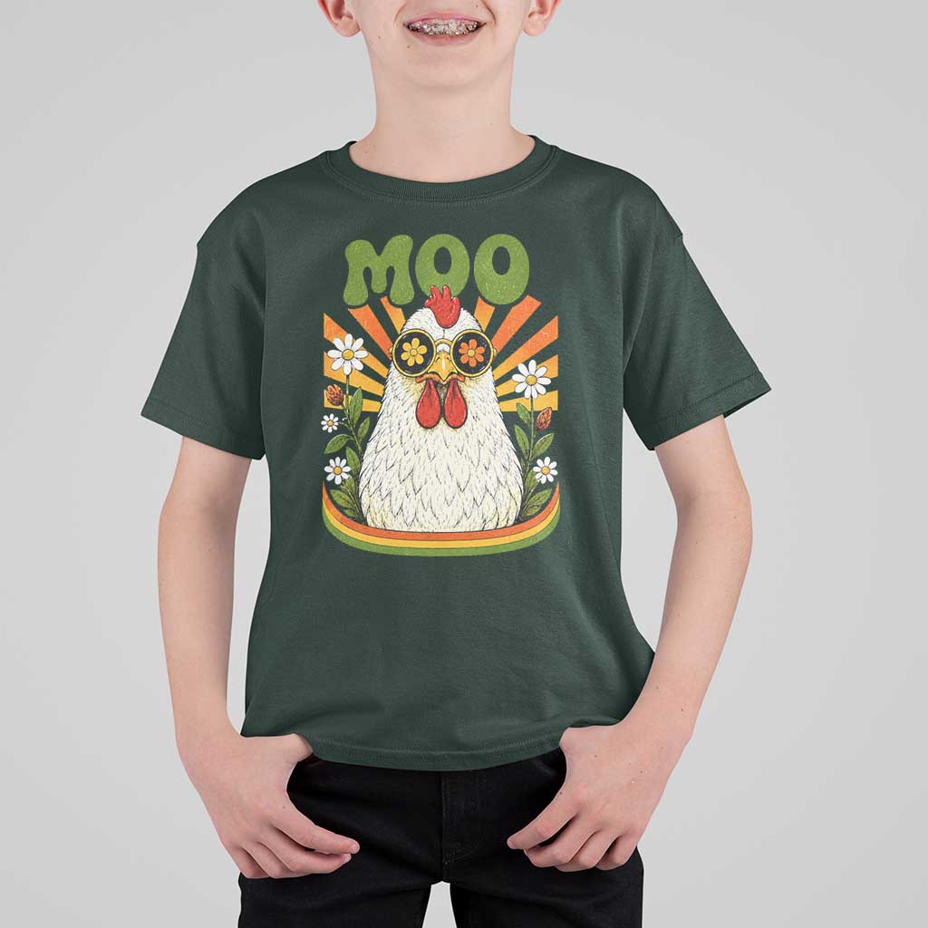 Retro Moo Chicken Wearing Sunglasses Graphic T Shirt For Kid Funny Groovy Farm Animal Pun Vintage Sunburst