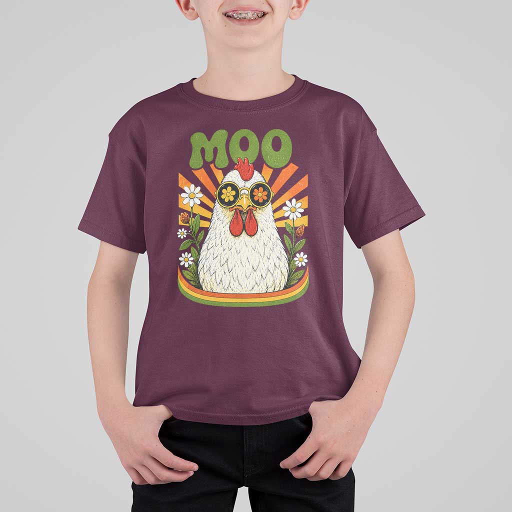Retro Moo Chicken Wearing Sunglasses Graphic T Shirt For Kid Funny Groovy Farm Animal Pun Vintage Sunburst