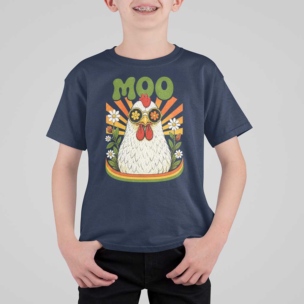 Retro Moo Chicken Wearing Sunglasses Graphic T Shirt For Kid Funny Groovy Farm Animal Pun Vintage Sunburst