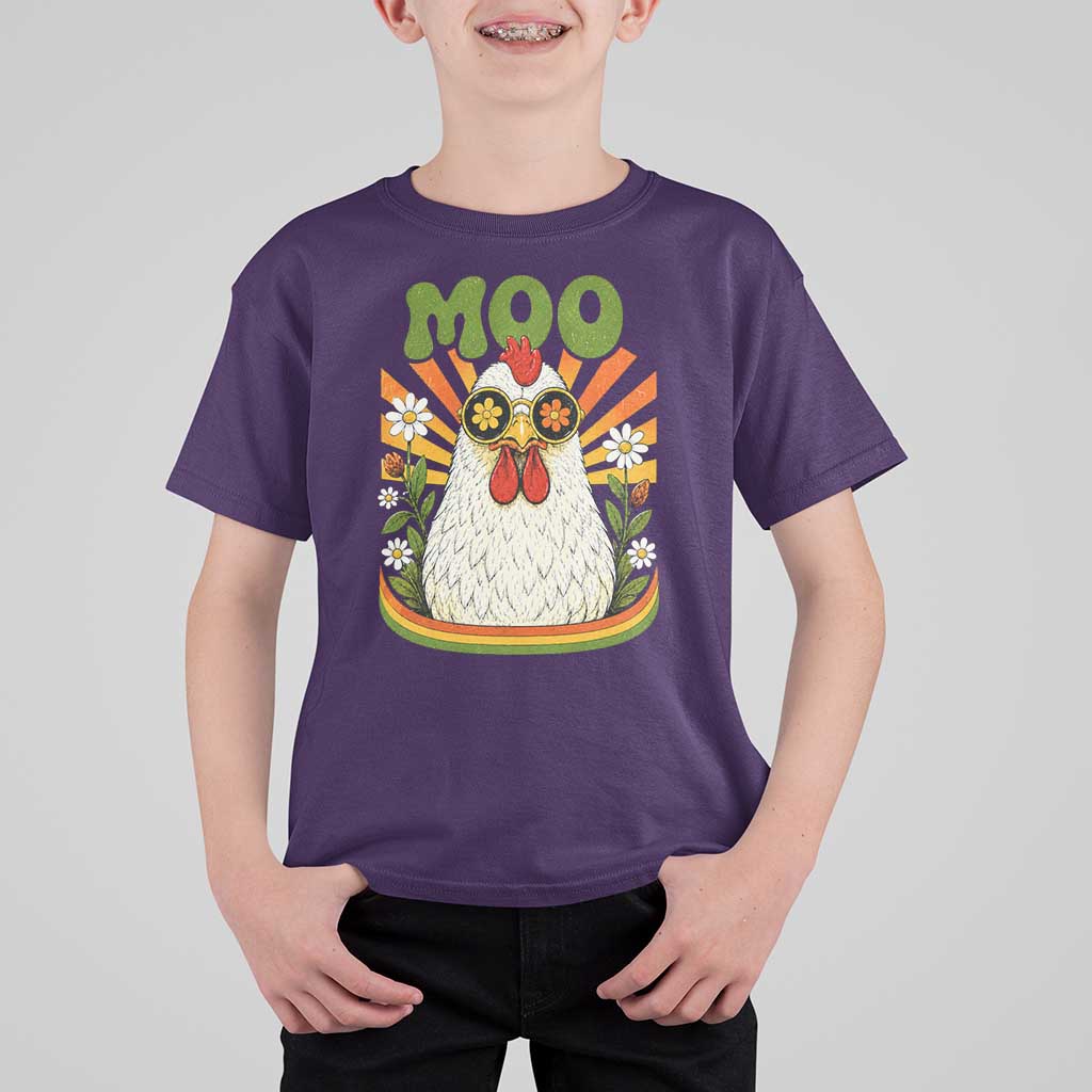 Retro Moo Chicken Wearing Sunglasses Graphic T Shirt For Kid Funny Groovy Farm Animal Pun Vintage Sunburst