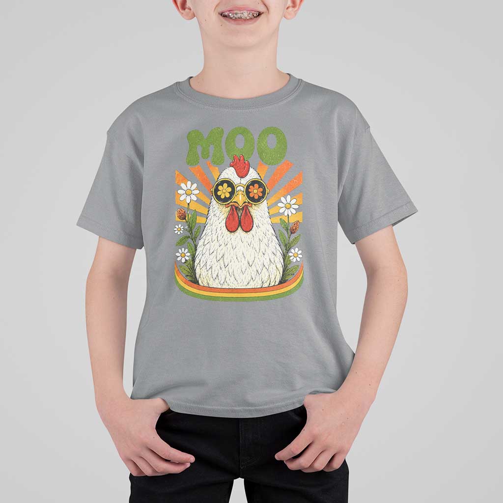 Retro Moo Chicken Wearing Sunglasses Graphic T Shirt For Kid Funny Groovy Farm Animal Pun Vintage Sunburst