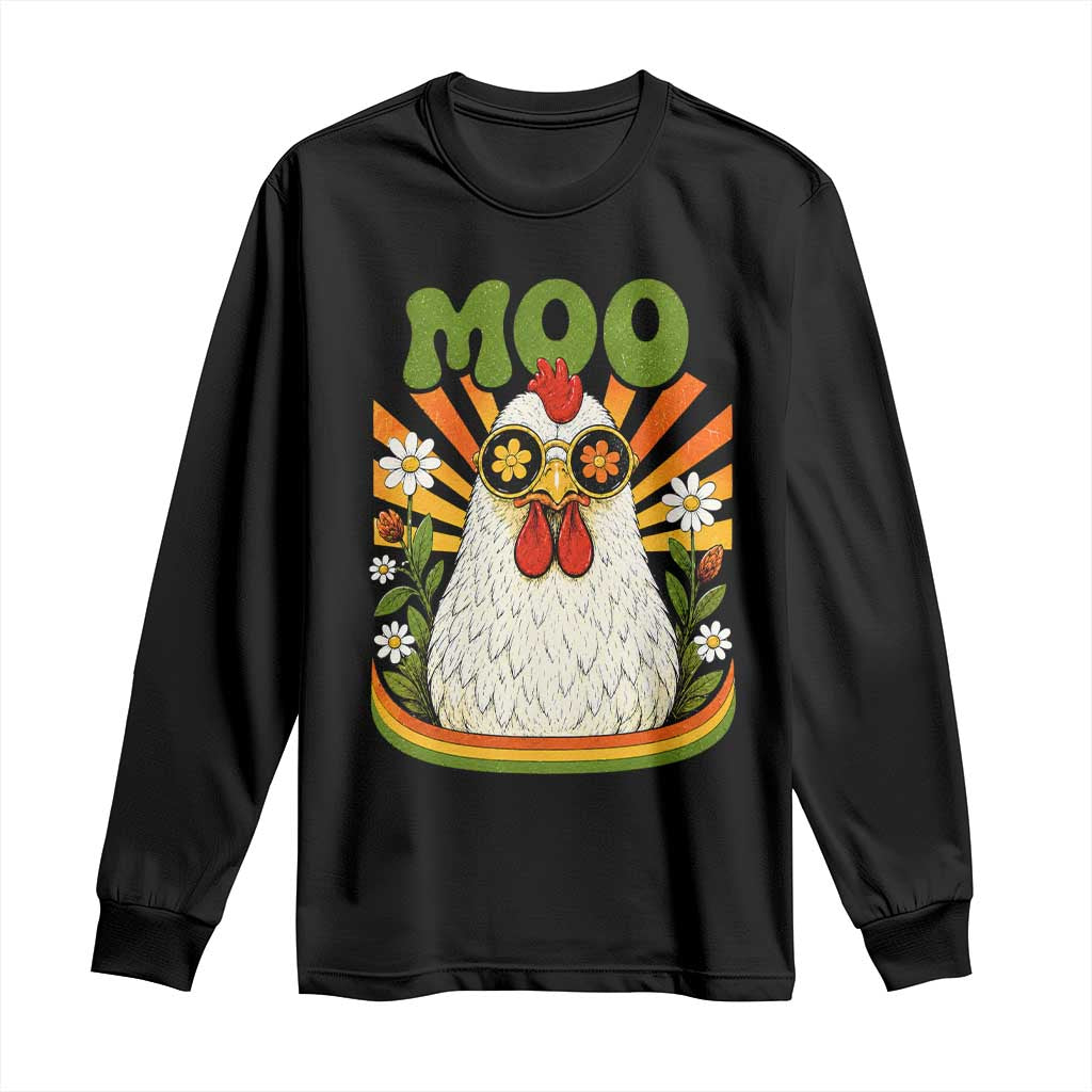 Retro Moo Chicken Wearing Sunglasses Graphic Long Sleeve Shirt Funny Groovy Farm Animal Pun Vintage Sunburst