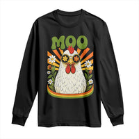 Retro Moo Chicken Wearing Sunglasses Graphic Long Sleeve Shirt Funny Groovy Farm Animal Pun Vintage Sunburst