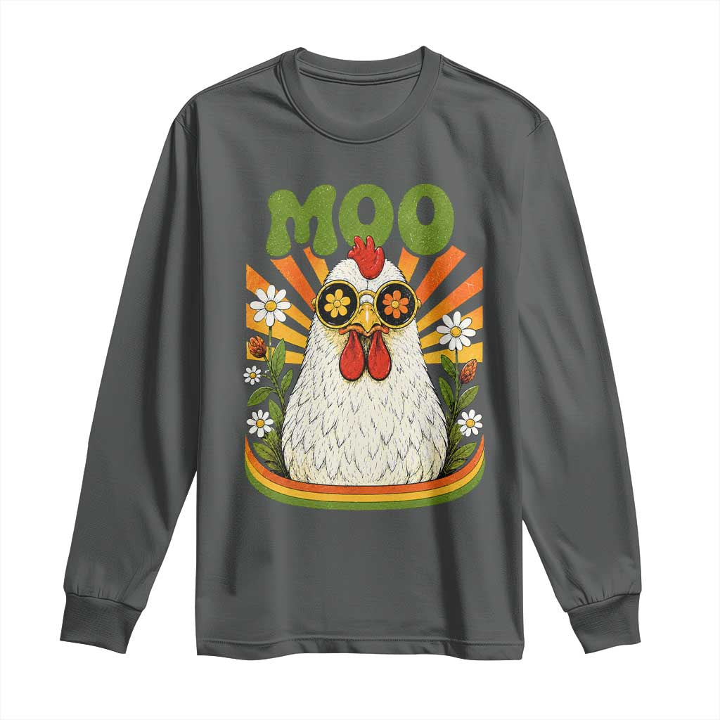 Retro Moo Chicken Wearing Sunglasses Graphic Long Sleeve Shirt Funny Groovy Farm Animal Pun Vintage Sunburst