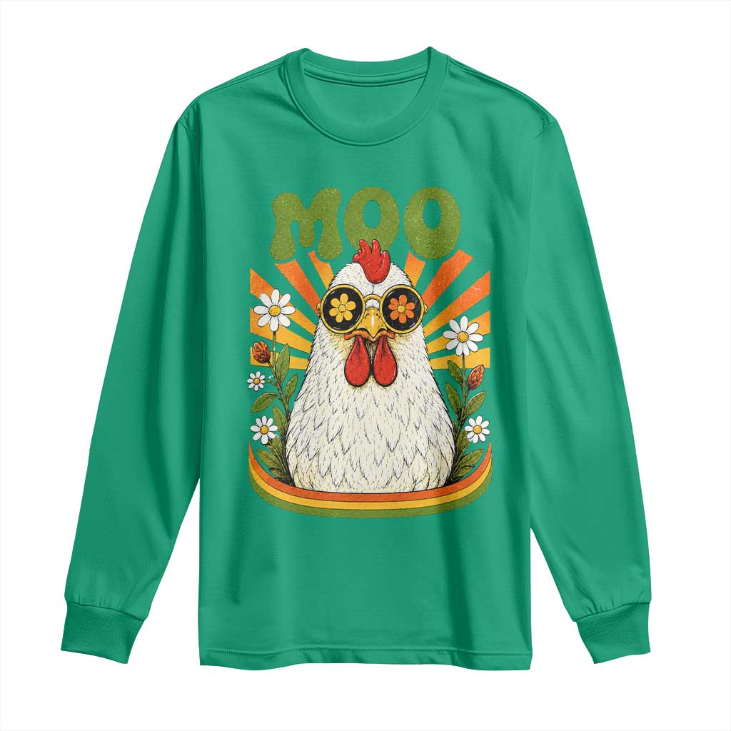 Retro Moo Chicken Wearing Sunglasses Graphic Long Sleeve Shirt Funny Groovy Farm Animal Pun Vintage Sunburst