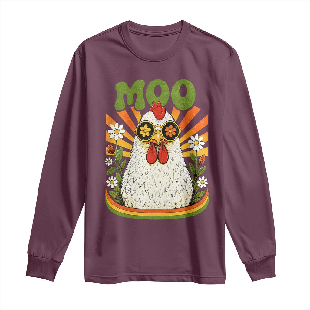 Retro Moo Chicken Wearing Sunglasses Graphic Long Sleeve Shirt Funny Groovy Farm Animal Pun Vintage Sunburst