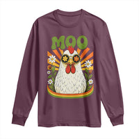 Retro Moo Chicken Wearing Sunglasses Graphic Long Sleeve Shirt Funny Groovy Farm Animal Pun Vintage Sunburst