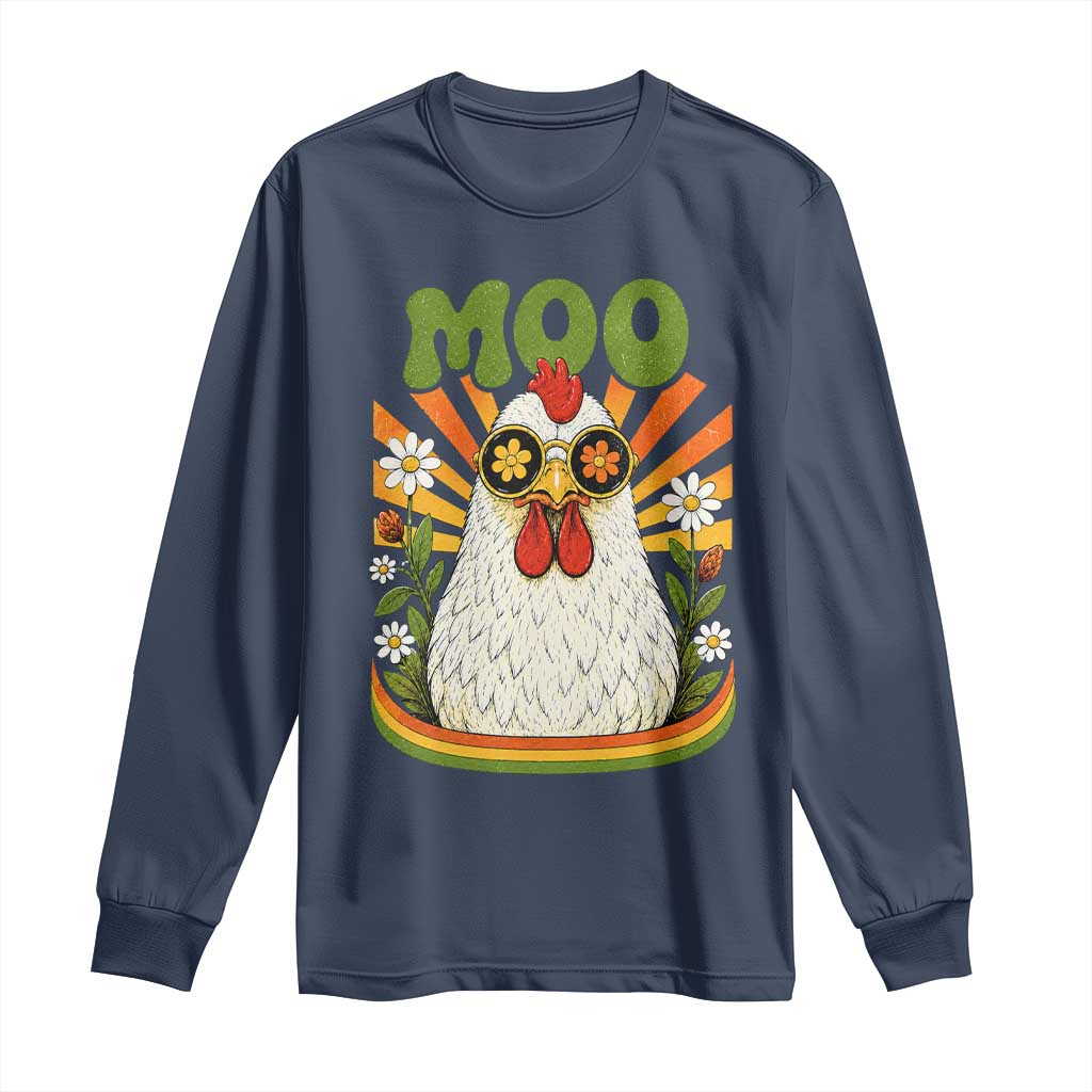 Retro Moo Chicken Wearing Sunglasses Graphic Long Sleeve Shirt Funny Groovy Farm Animal Pun Vintage Sunburst
