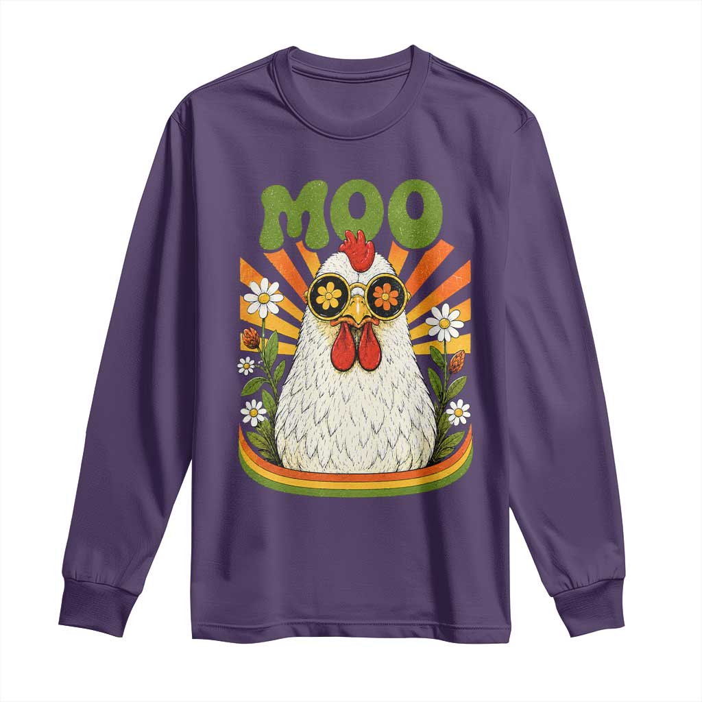 Retro Moo Chicken Wearing Sunglasses Graphic Long Sleeve Shirt Funny Groovy Farm Animal Pun Vintage Sunburst