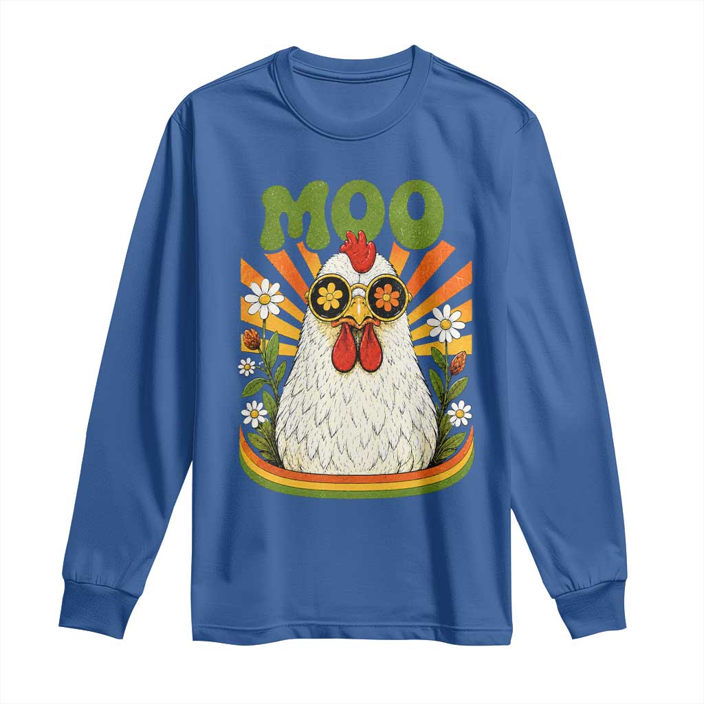 Retro Moo Chicken Wearing Sunglasses Graphic Long Sleeve Shirt Funny Groovy Farm Animal Pun Vintage Sunburst
