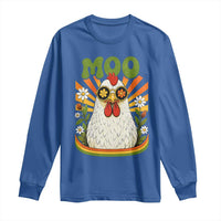 Retro Moo Chicken Wearing Sunglasses Graphic Long Sleeve Shirt Funny Groovy Farm Animal Pun Vintage Sunburst