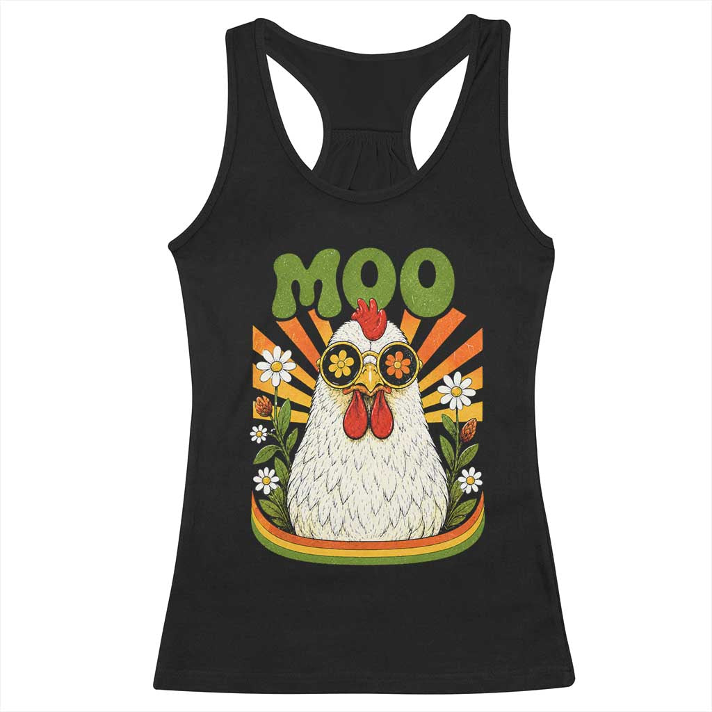 Retro Moo Chicken Wearing Sunglasses Graphic Racerback Tank Top Funny Groovy Farm Animal Pun Vintage Sunburst