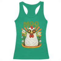 Retro Moo Chicken Wearing Sunglasses Graphic Racerback Tank Top Funny Groovy Farm Animal Pun Vintage Sunburst
