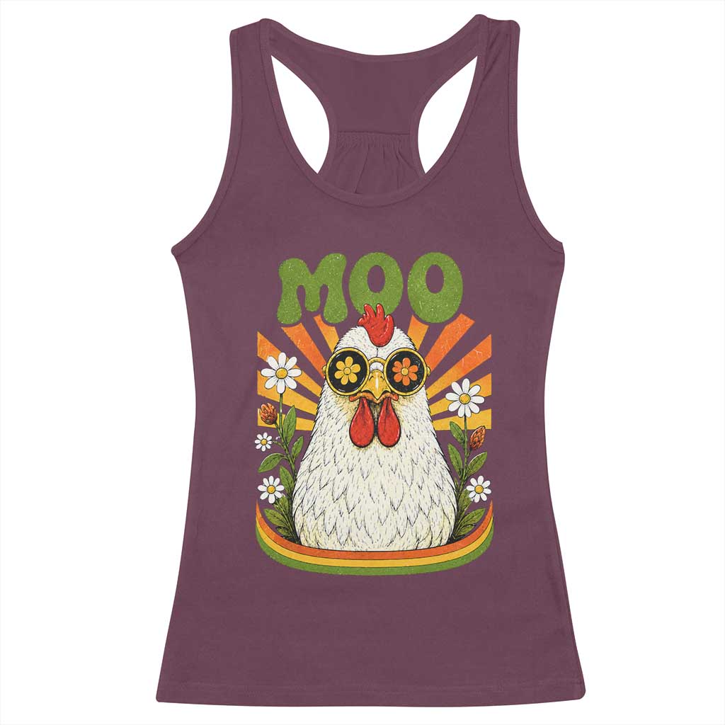 Retro Moo Chicken Wearing Sunglasses Graphic Racerback Tank Top Funny Groovy Farm Animal Pun Vintage Sunburst